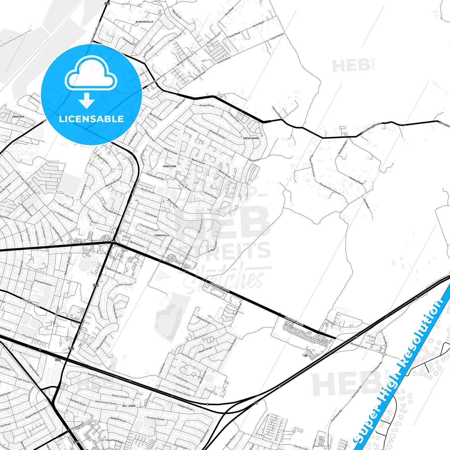 Witbank, South Africa Light Map with Street Names, City Names, and Districts