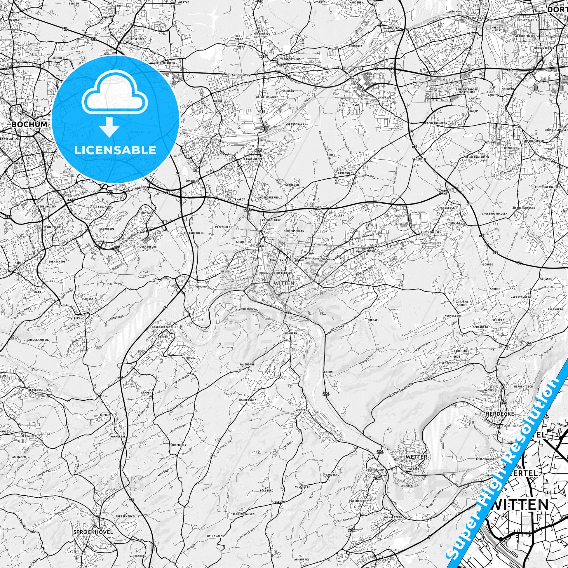 Witten, Germany light map with streetnames, citynames and districts