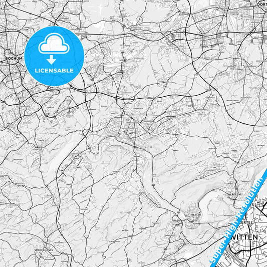 Witten, Germany light map with streetnames, citynames and districts