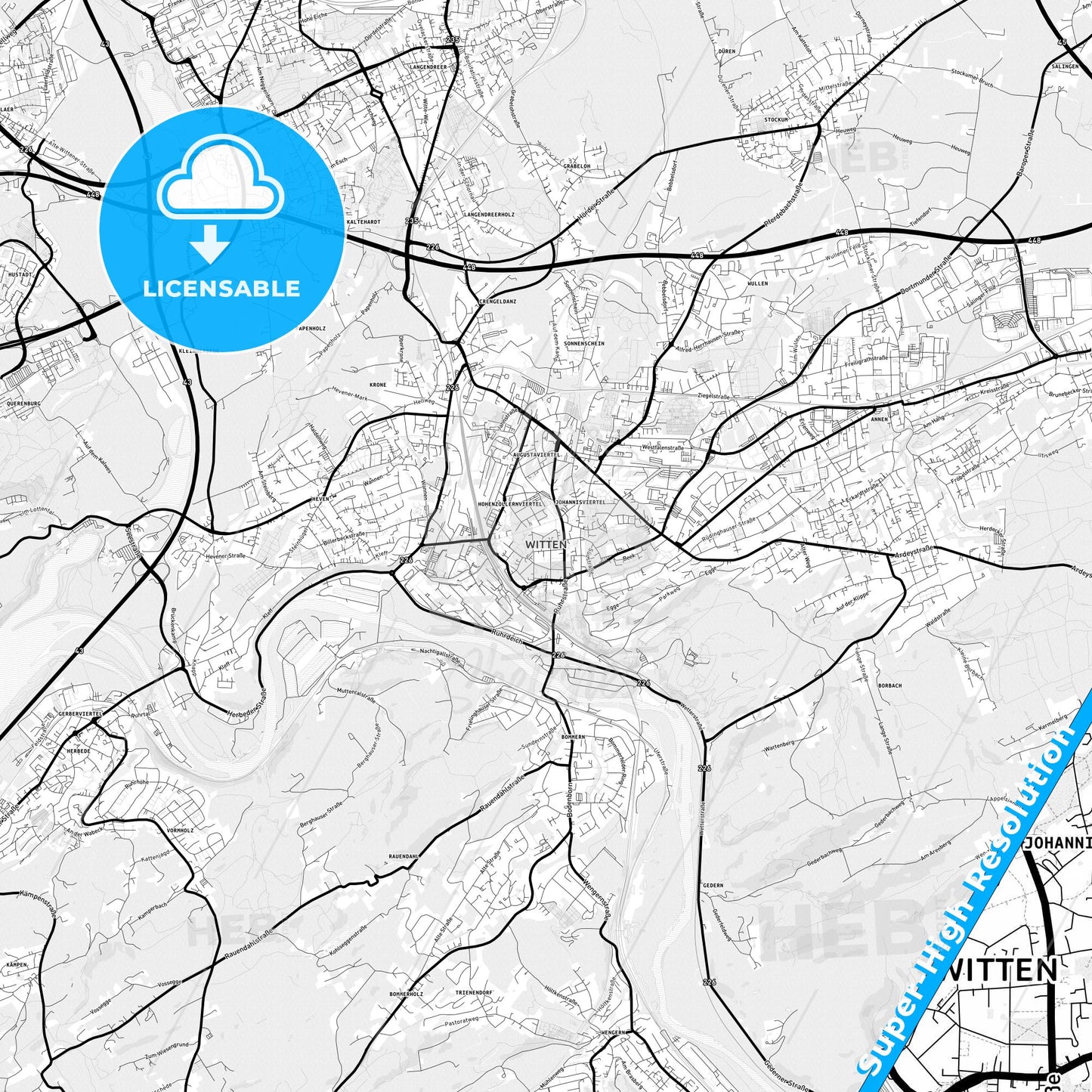 Witten, Germany Light Map with Street Names, City Names, and Districts