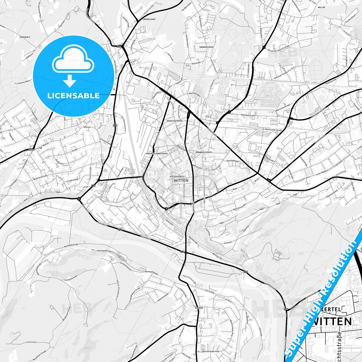 Witten, Germany Light Map with Street Names, City Names, and Districts
