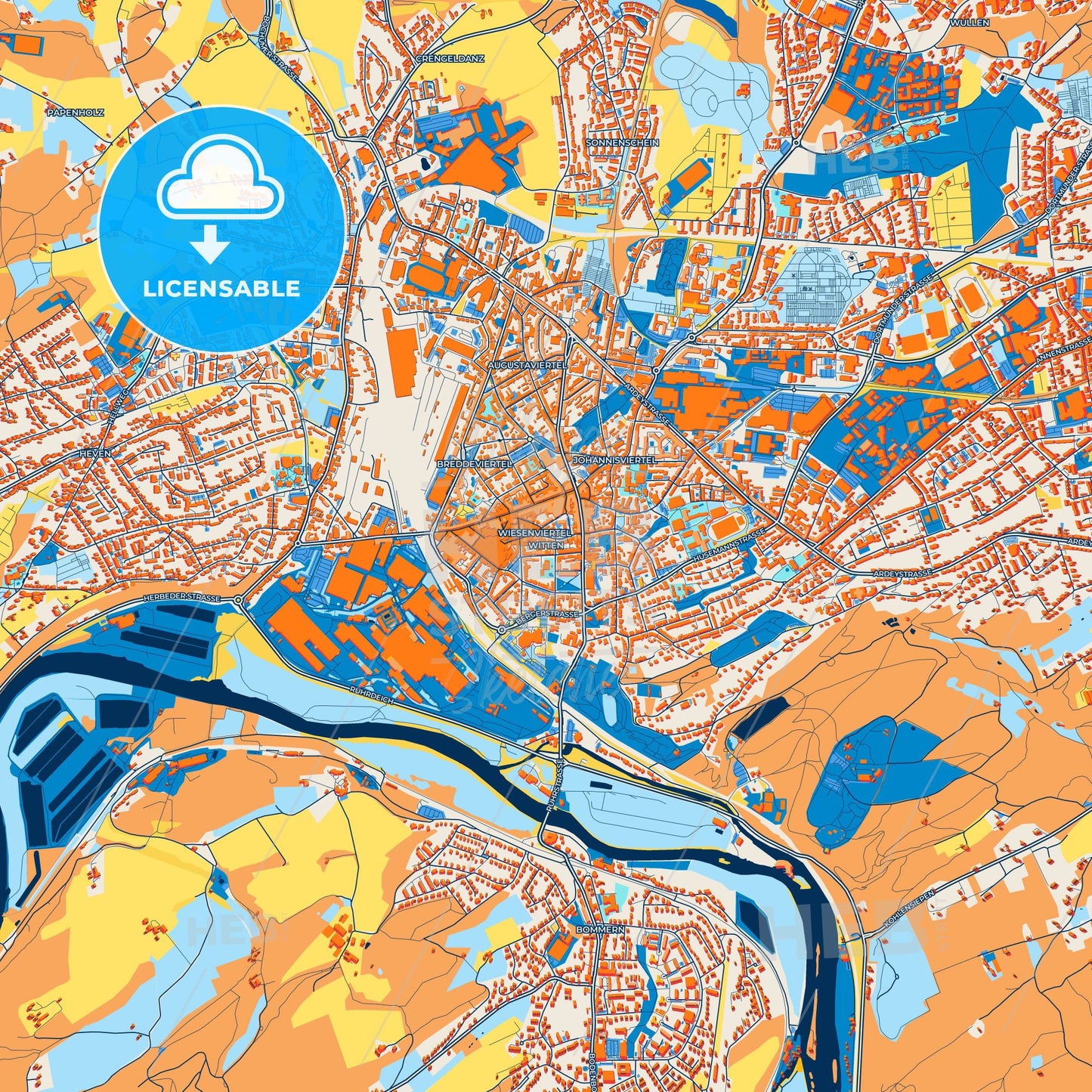Colorful Witten Street Map with Labels and Buildings