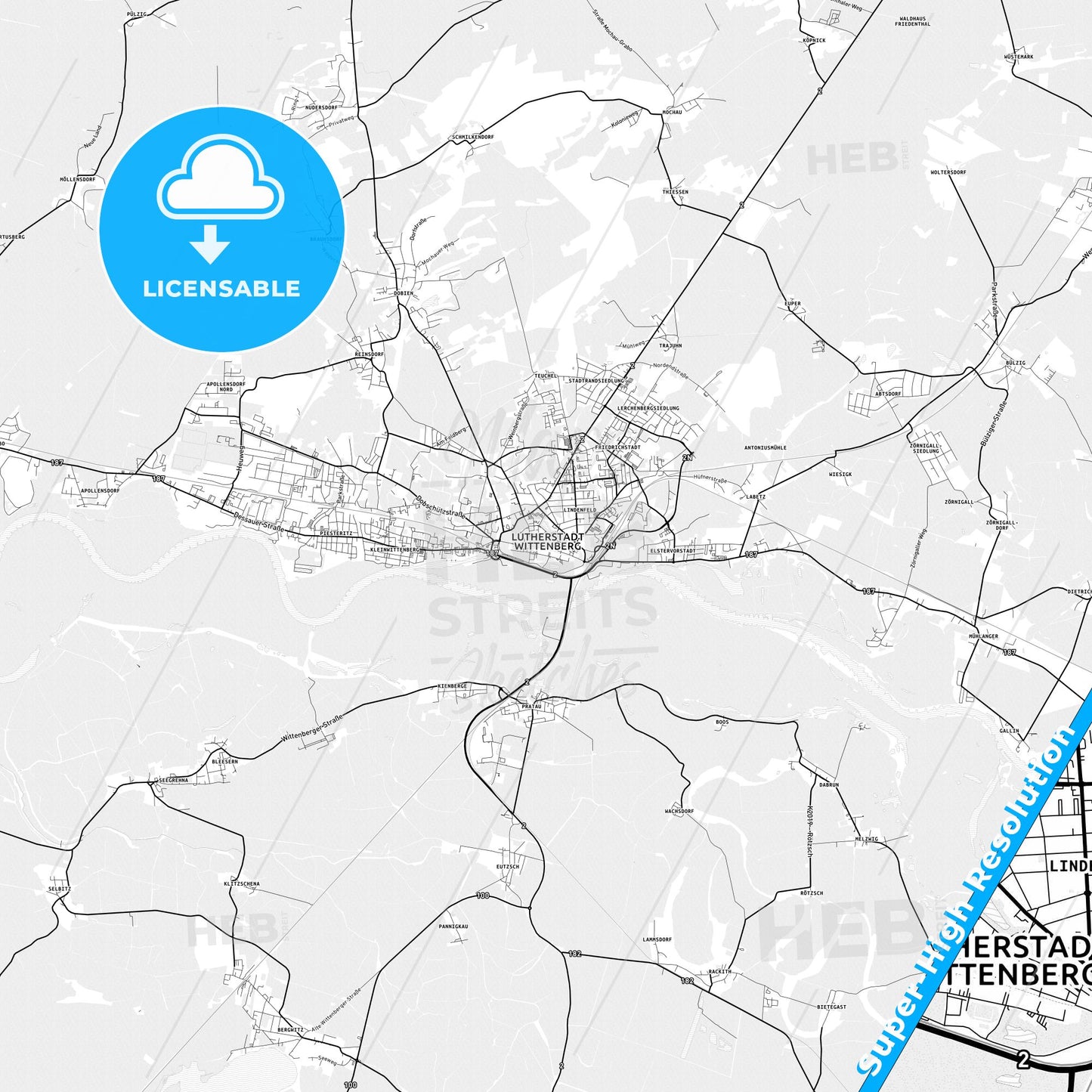 Wittenberg, Lutherstadt, Germany light map with streetnames, citynames and districts