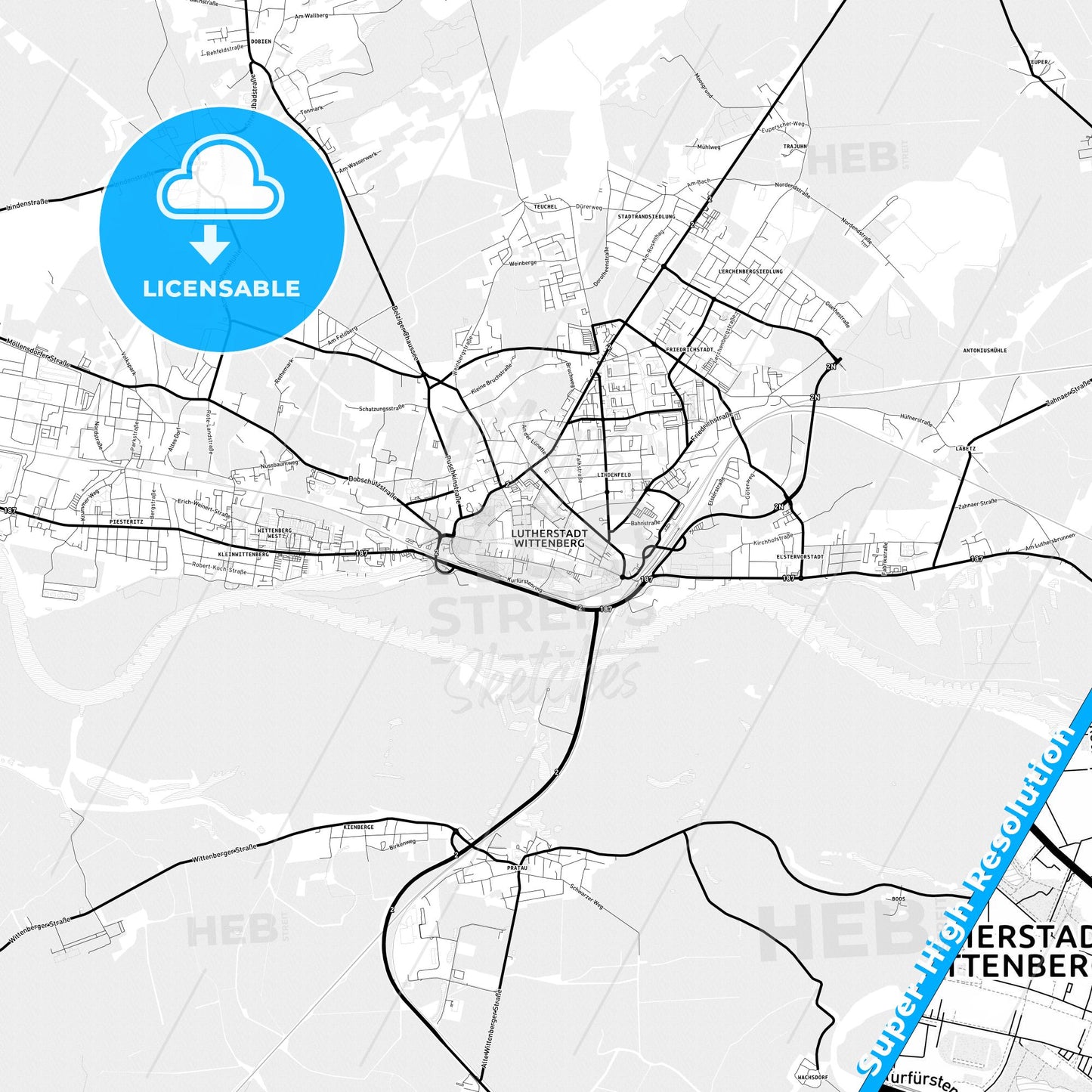 Wittenberg, Lutherstadt, Germany Light Map with Street Names, City Names, and Districts