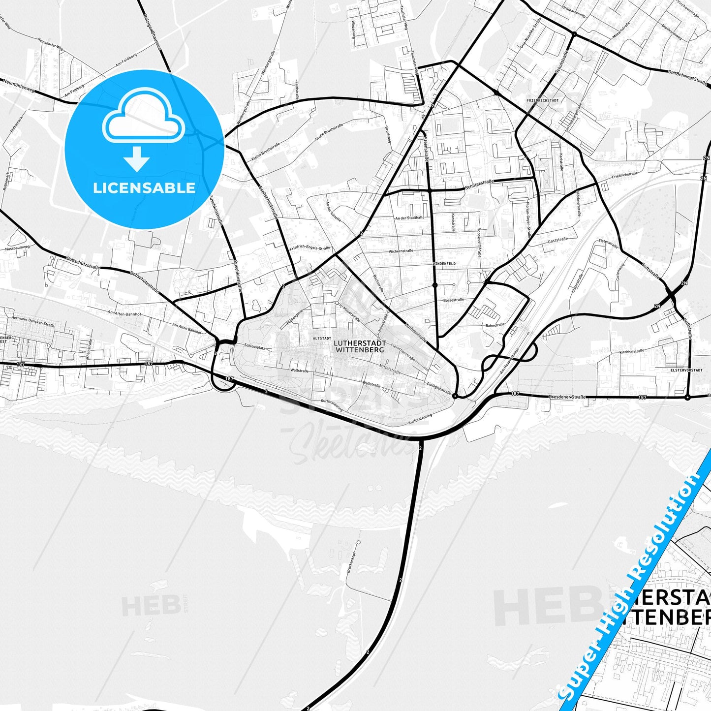 Wittenberg, Lutherstadt, Germany Light Map with Street Names, City Names, and Districts