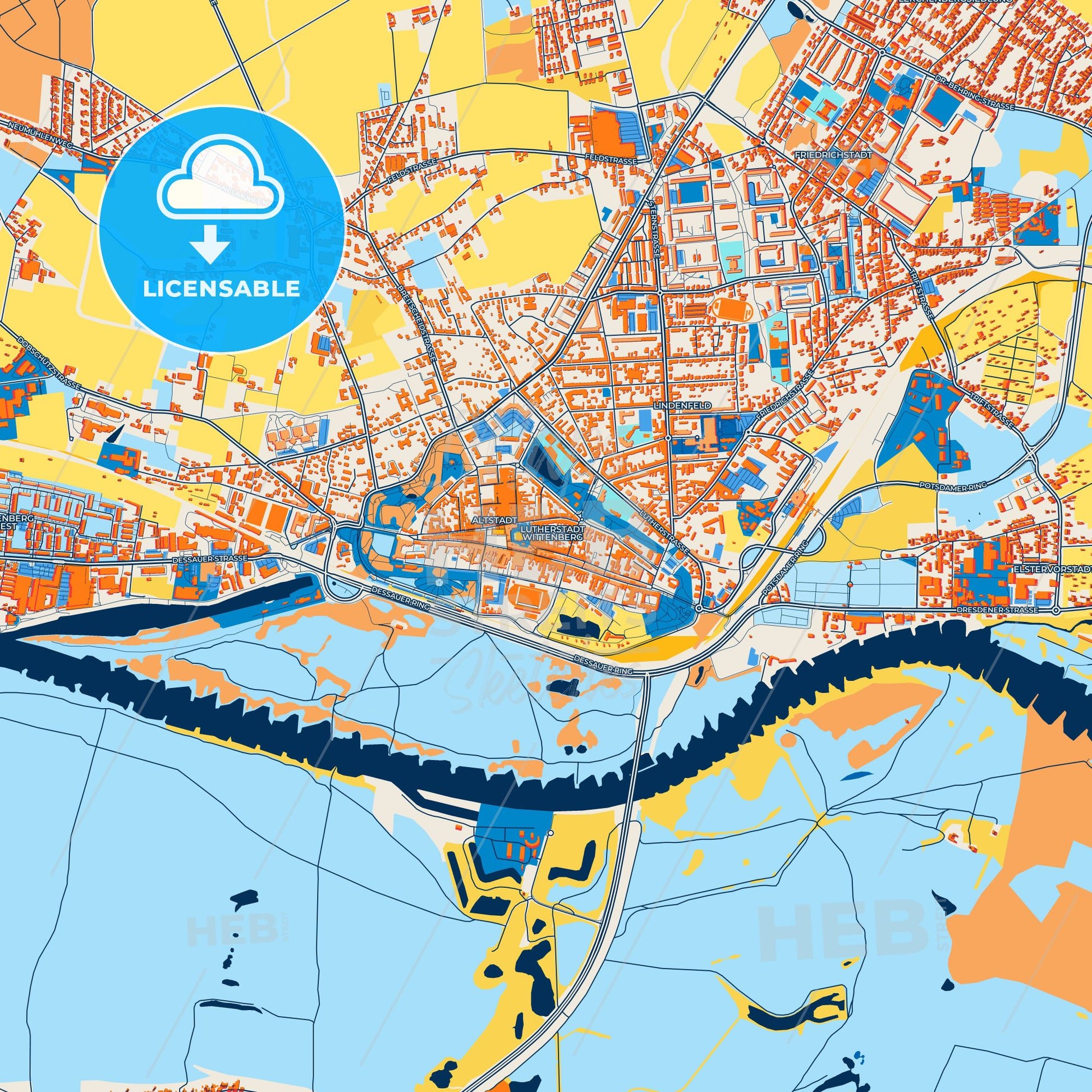 Colorful Wittenberg, Lutherstadt Street Map with Labels and Buildings