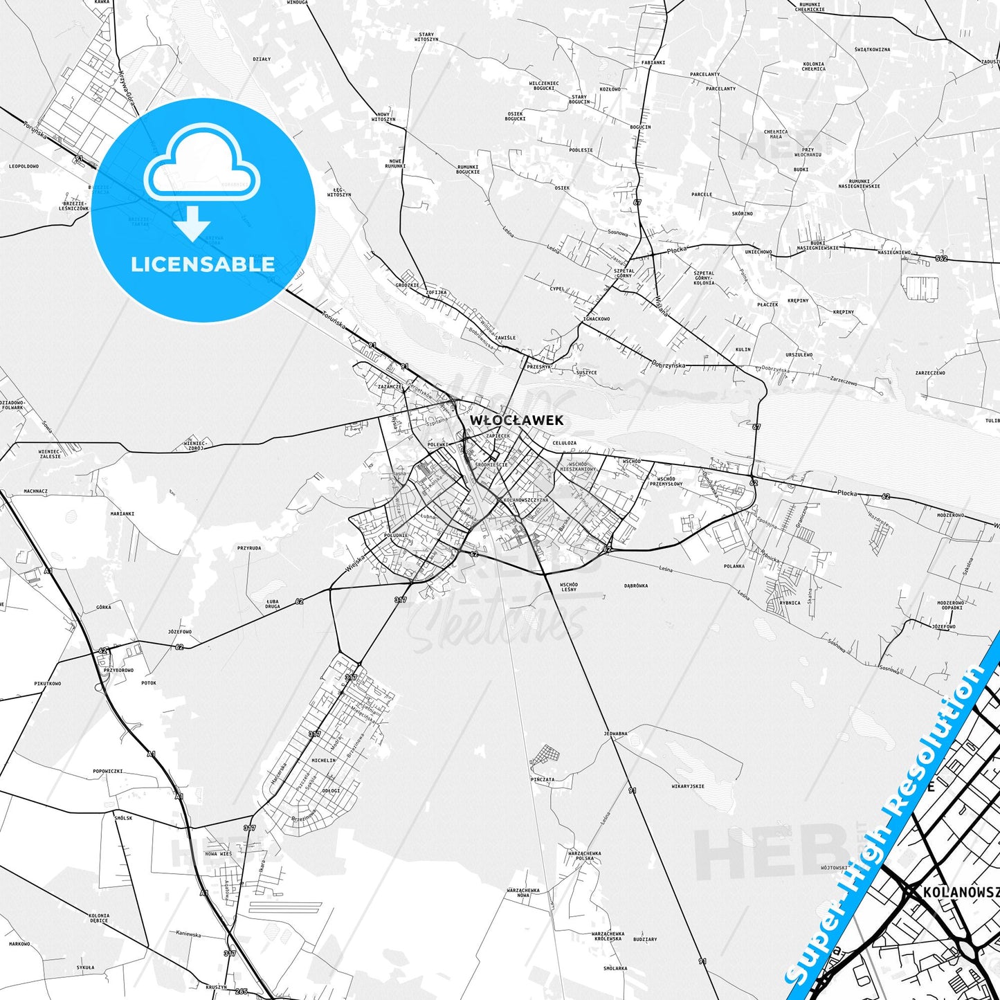 Włocławek, Poland light map with streetnames, citynames and districts