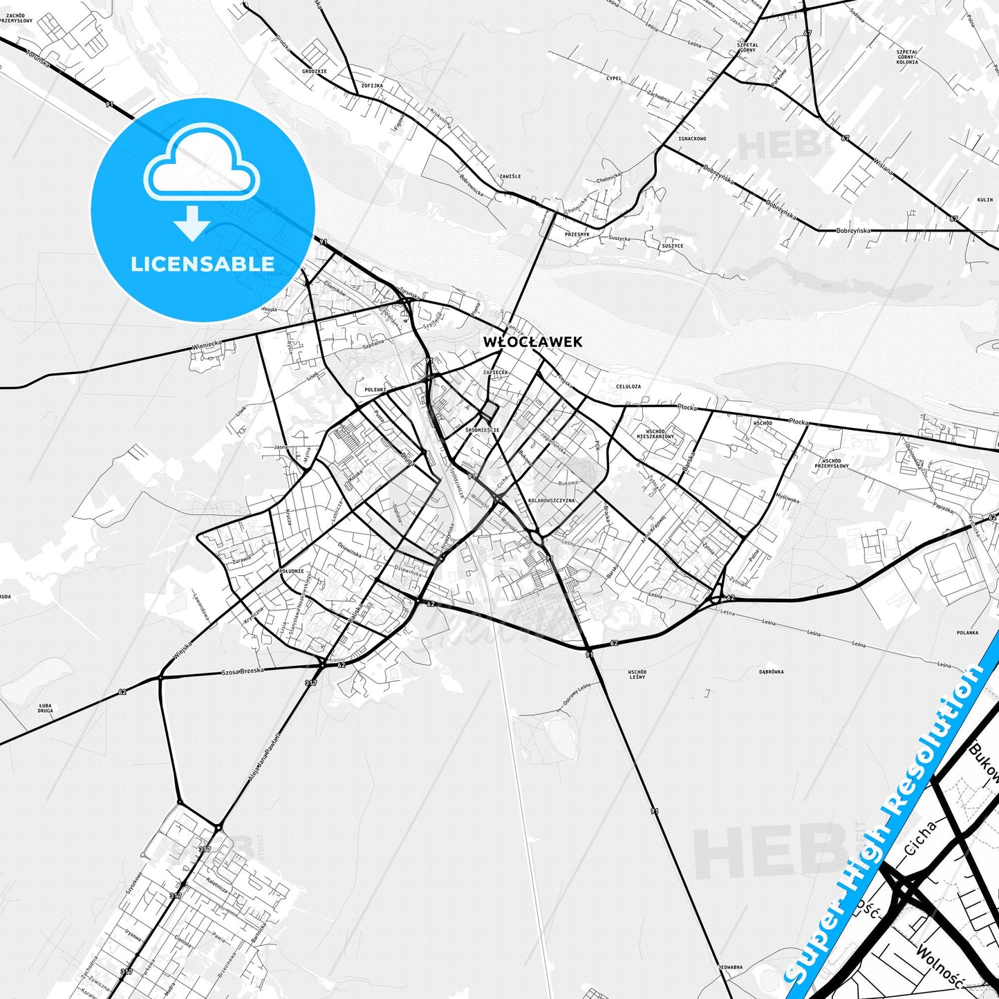 Włocławek, Poland Light Map with Street Names, City Names, and Districts