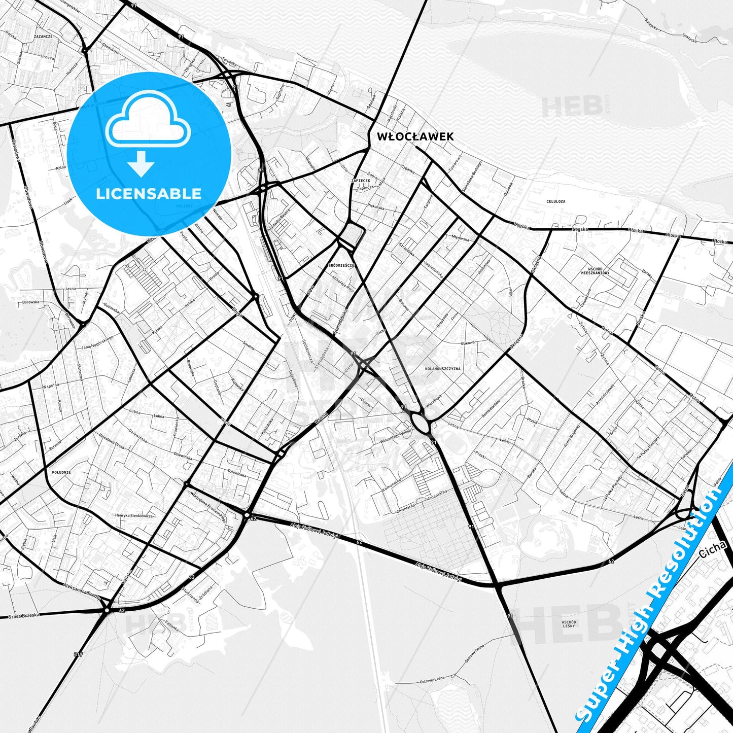 Włocławek, Poland Light Map with Street Names, City Names, and Districts