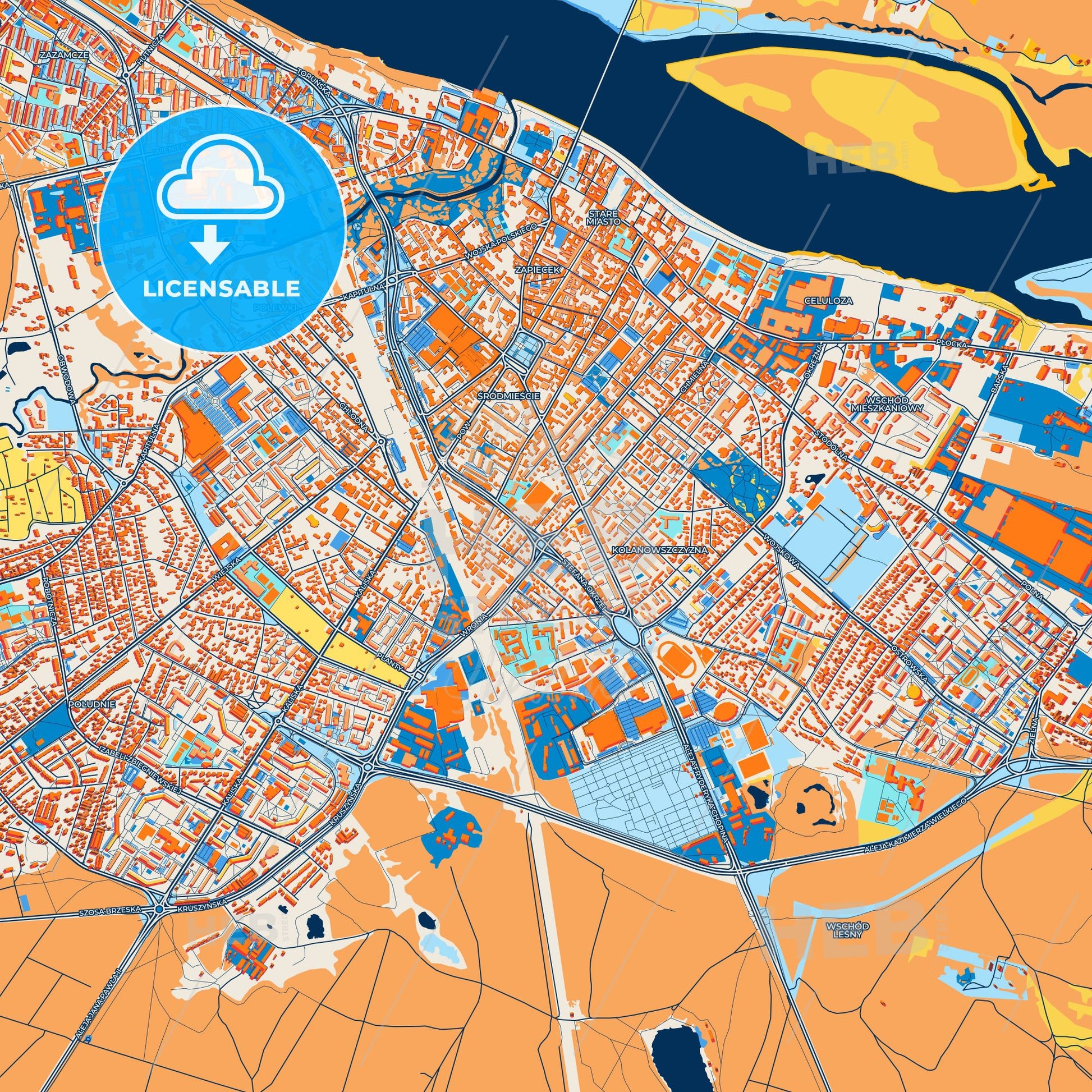Colorful Włocławek Street Map with Labels and Buildings