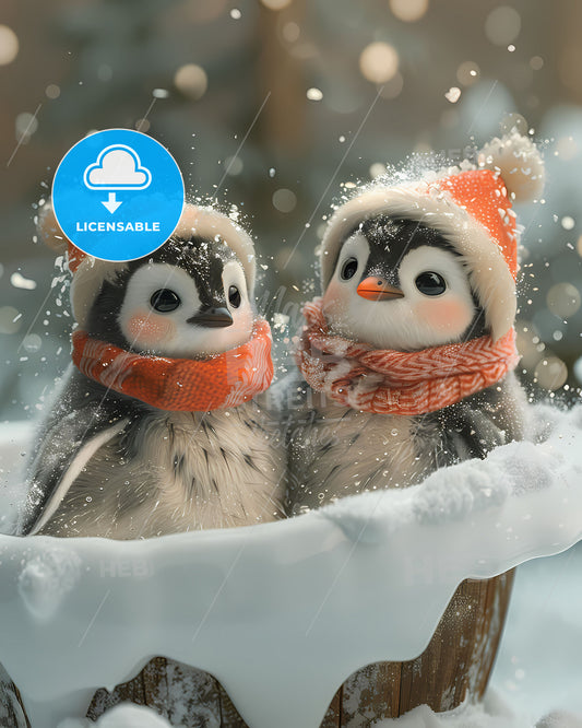 Whimsical Art Photography: Penguins Playing in a Bathtub, Storybook Illustration, Vibrant Painting, Snow Bowl