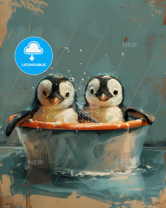 Whimsical Pastel Watercolor Penguin Bathtime Bonding