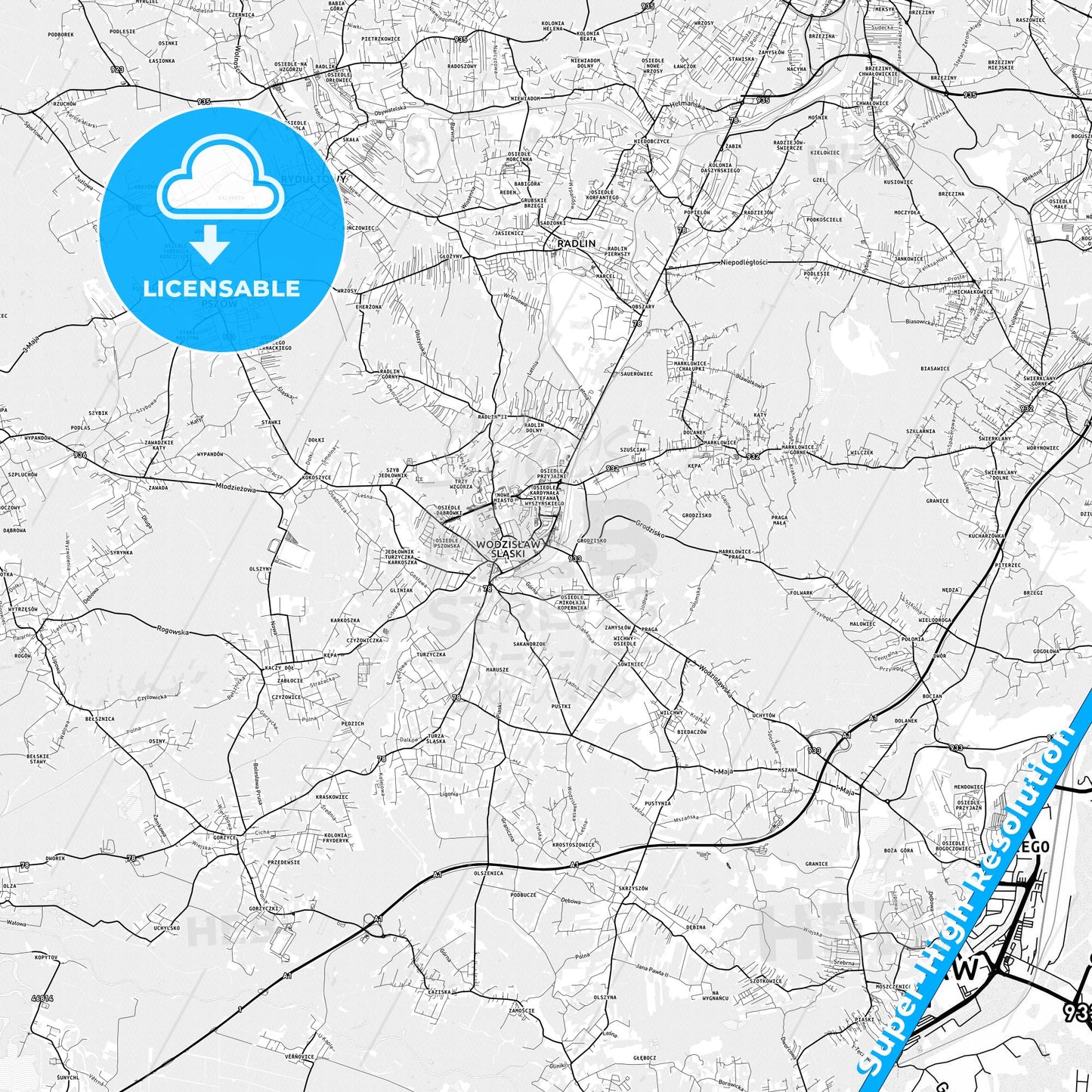 Wodzisław Śląski, Poland light map with streetnames, citynames and districts