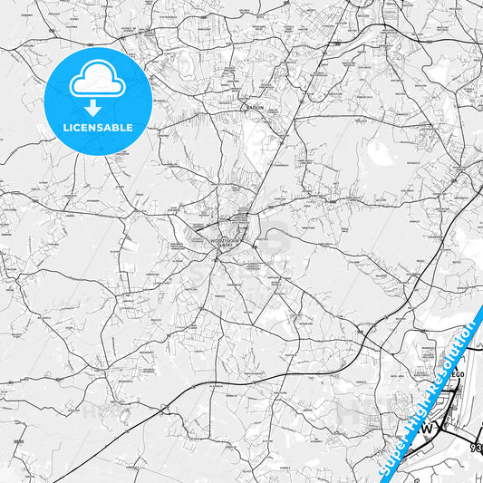 Wodzisław Śląski, Poland light map with streetnames, citynames and districts