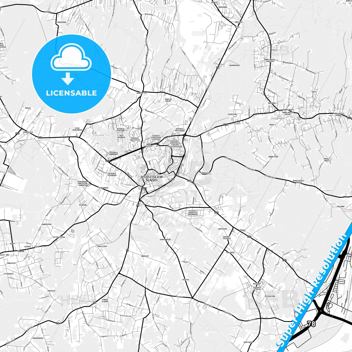 Wodzisław Śląski, Poland Light Map with Street Names, City Names, and Districts