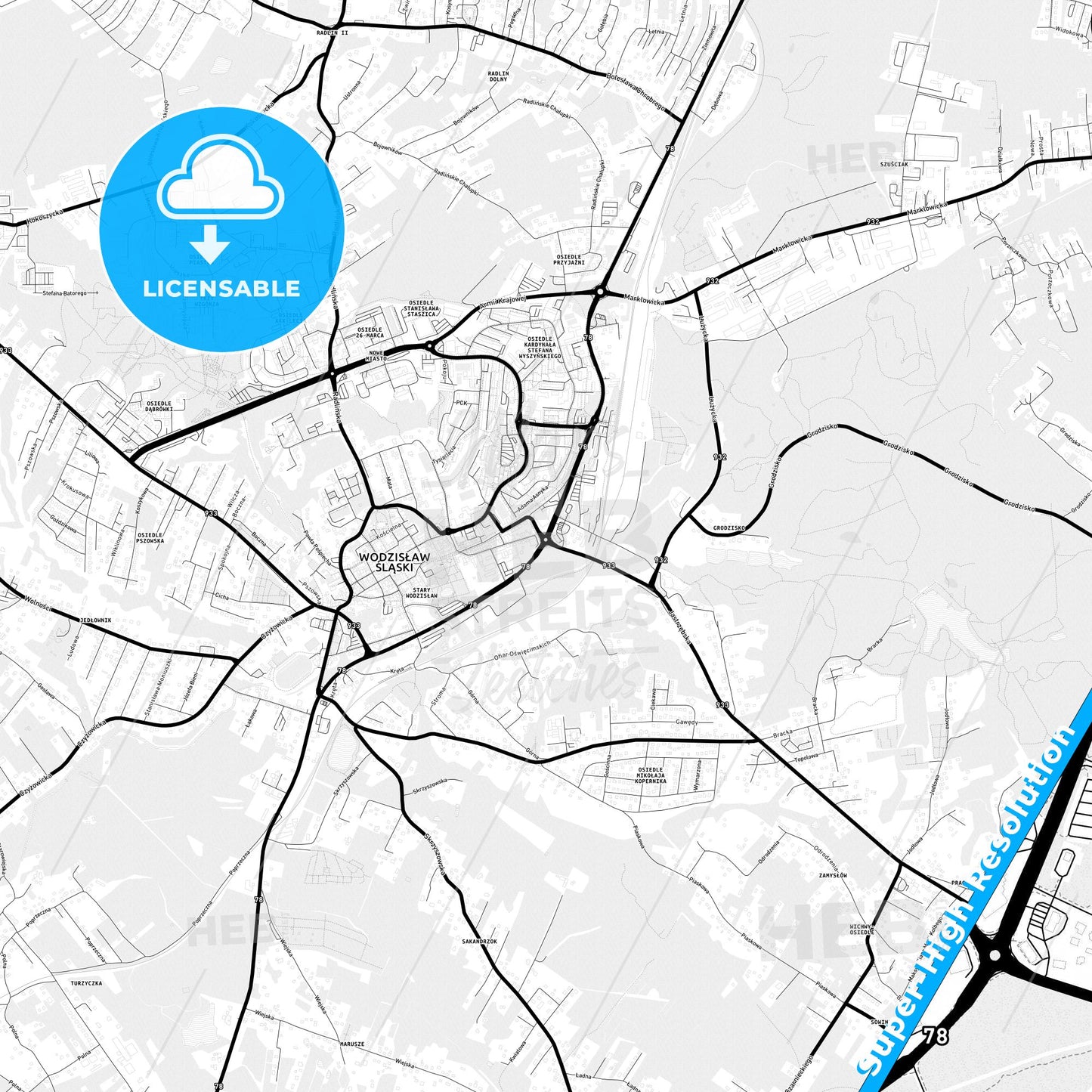Wodzisław Śląski, Poland Light Map with Street Names, City Names, and Districts