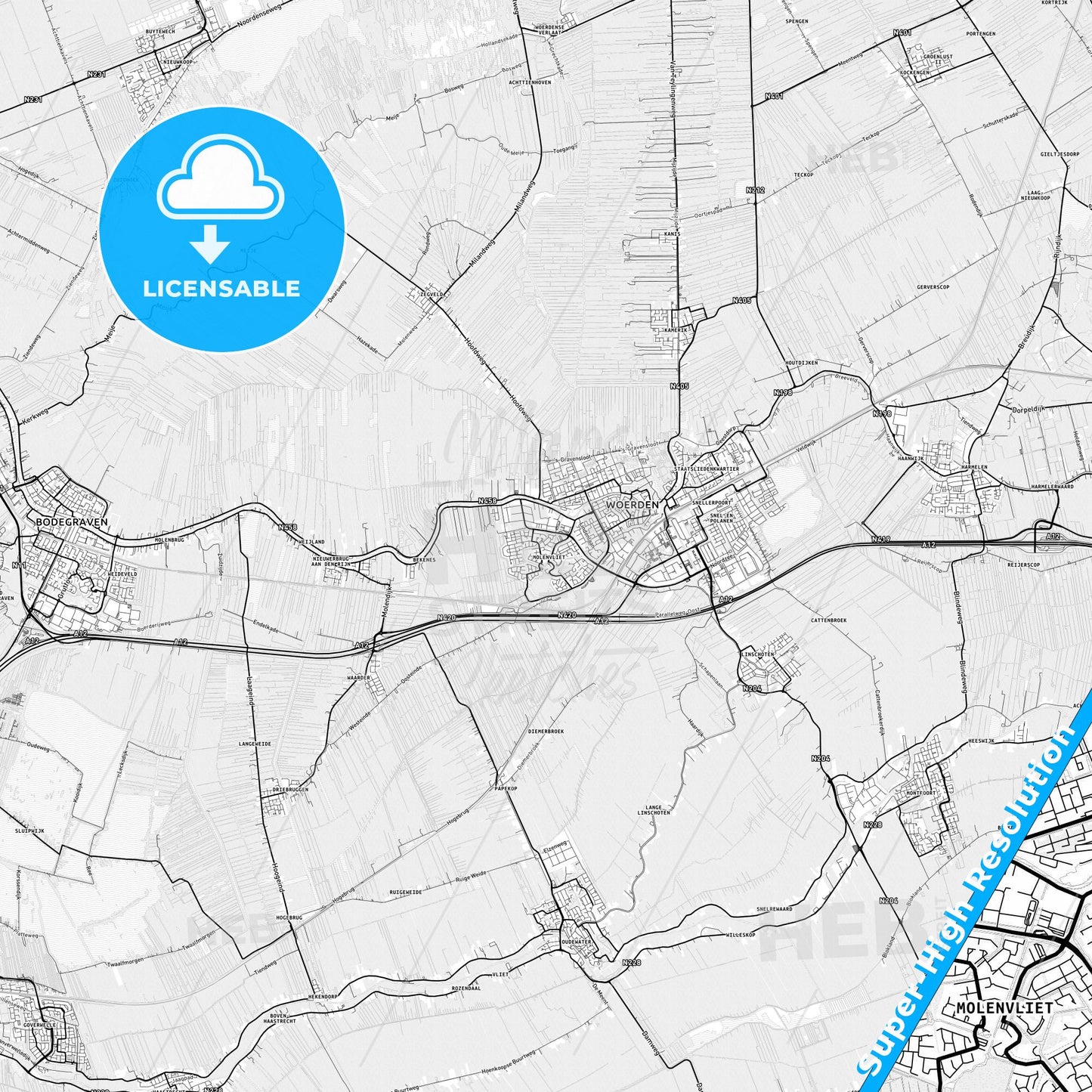 Woerden, Netherlands light map with streetnames, citynames and districts