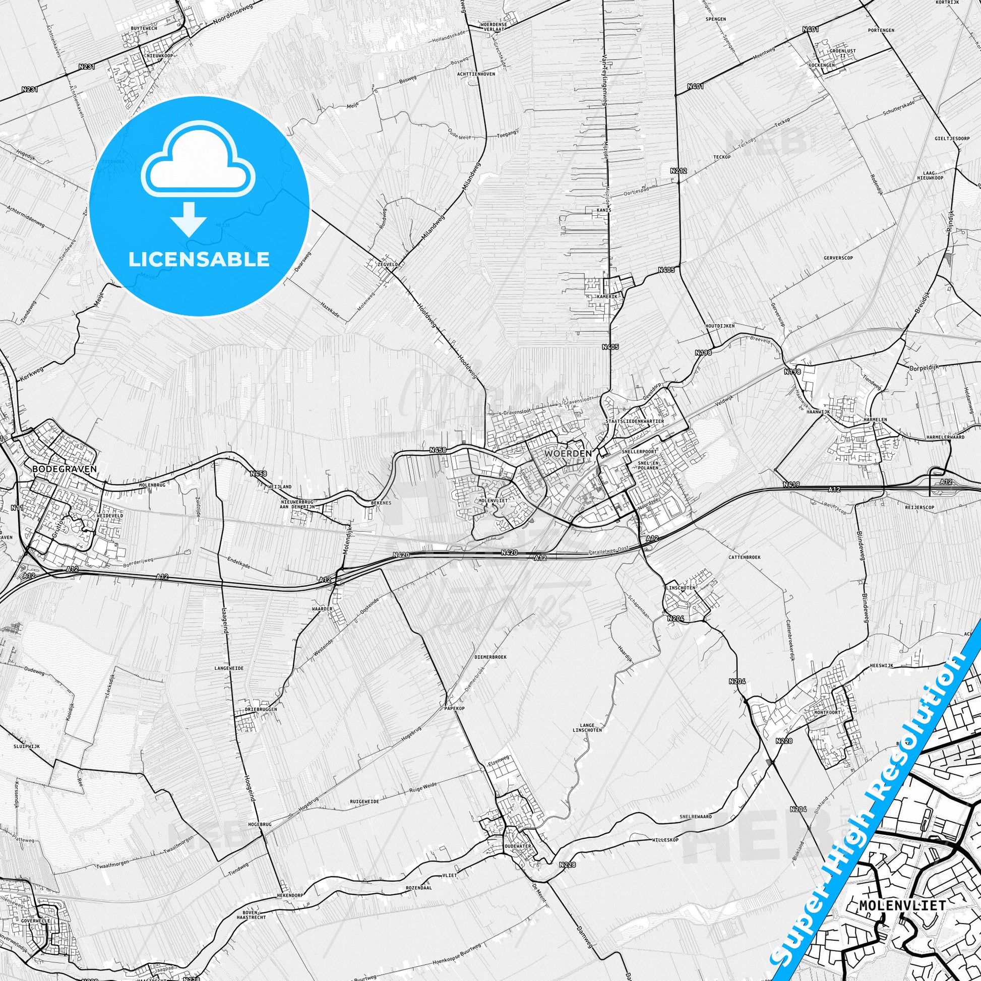 Woerden, Netherlands light map with streetnames, citynames and districts