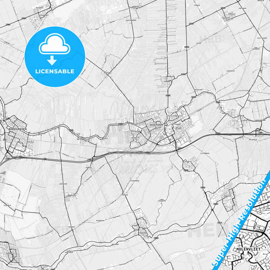 Woerden, Netherlands light map with streetnames, citynames and districts