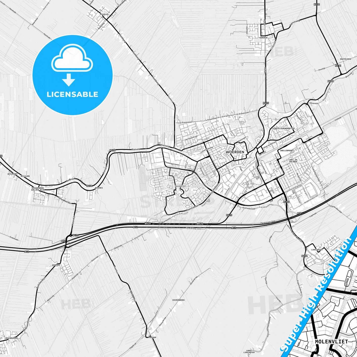 Woerden, Netherlands Light Map with Street Names, City Names, and Districts