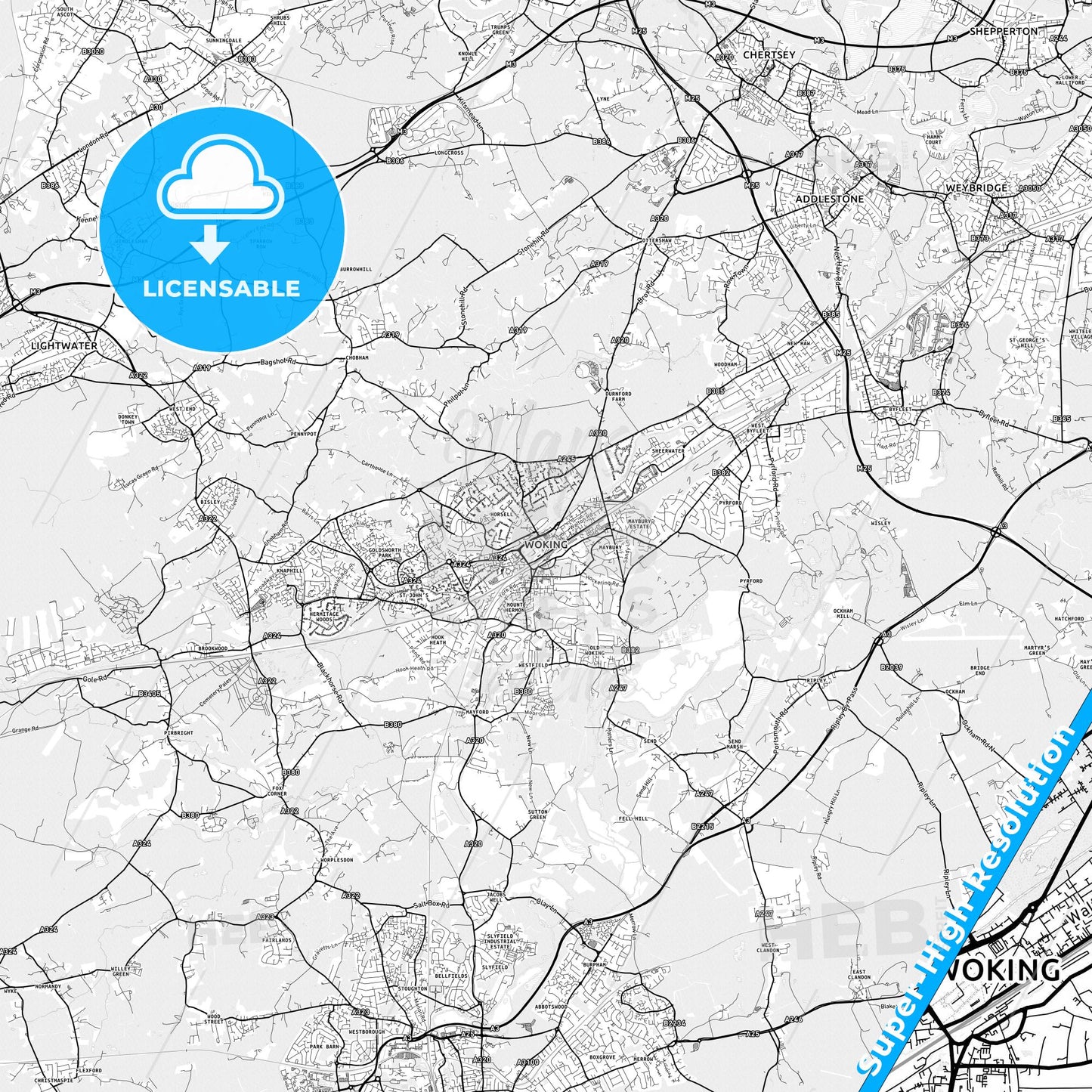 Woking, England light map with streetnames, citynames and districts
