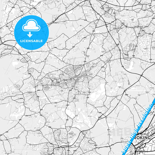 Woking, England light map with streetnames, citynames and districts