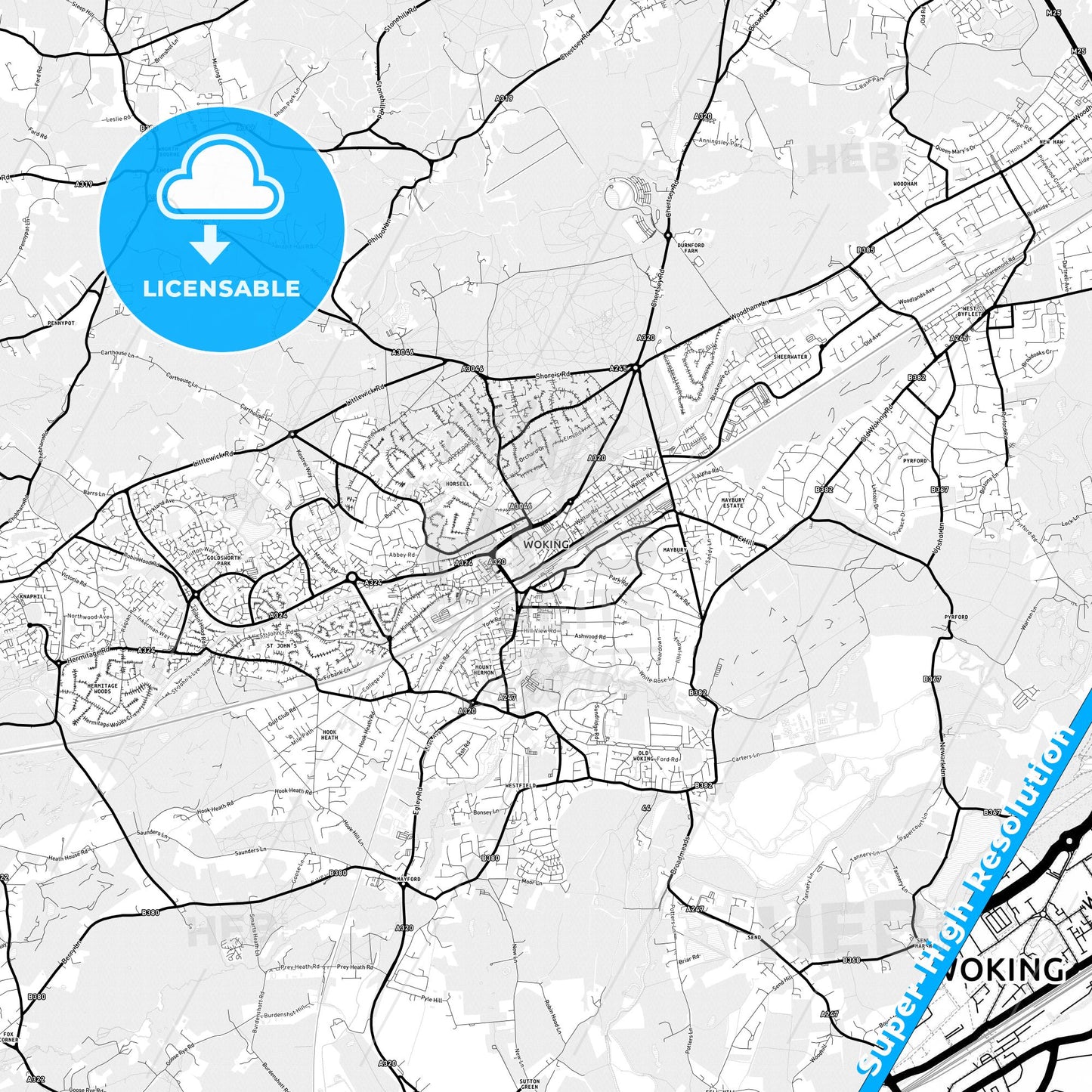 Woking, England Light Map with Street Names, City Names, and Districts