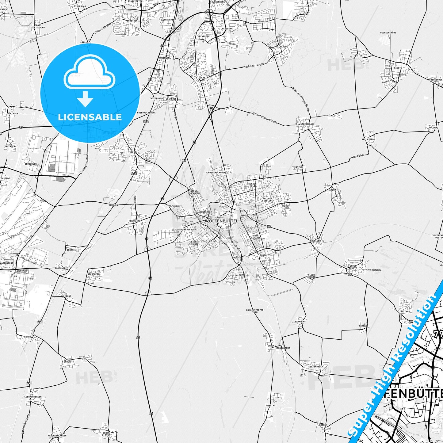 Wolfenbuttel, Germany light map with streetnames, citynames and districts