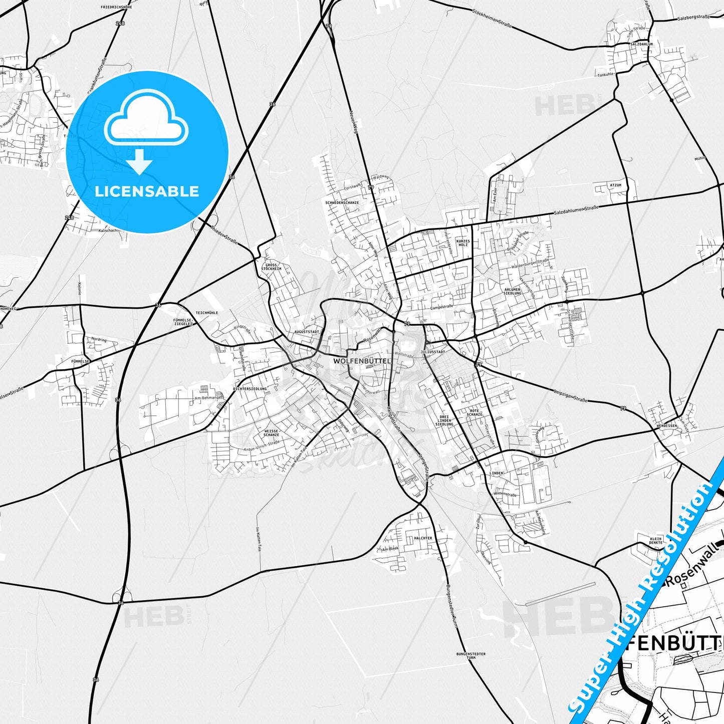 Wolfenbuttel, Germany Light Map with Street Names, City Names, and Districts