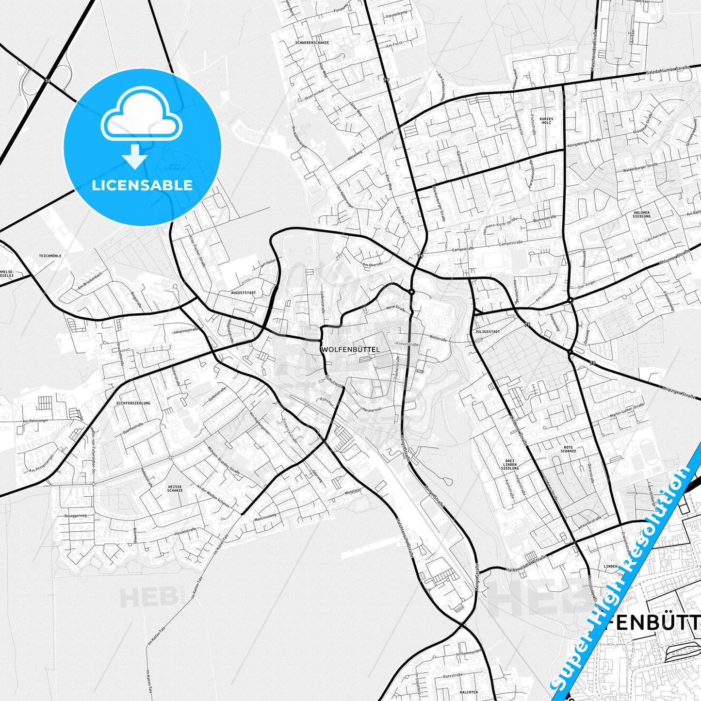 Wolfenbuttel, Germany Light Map with Street Names, City Names, and Districts