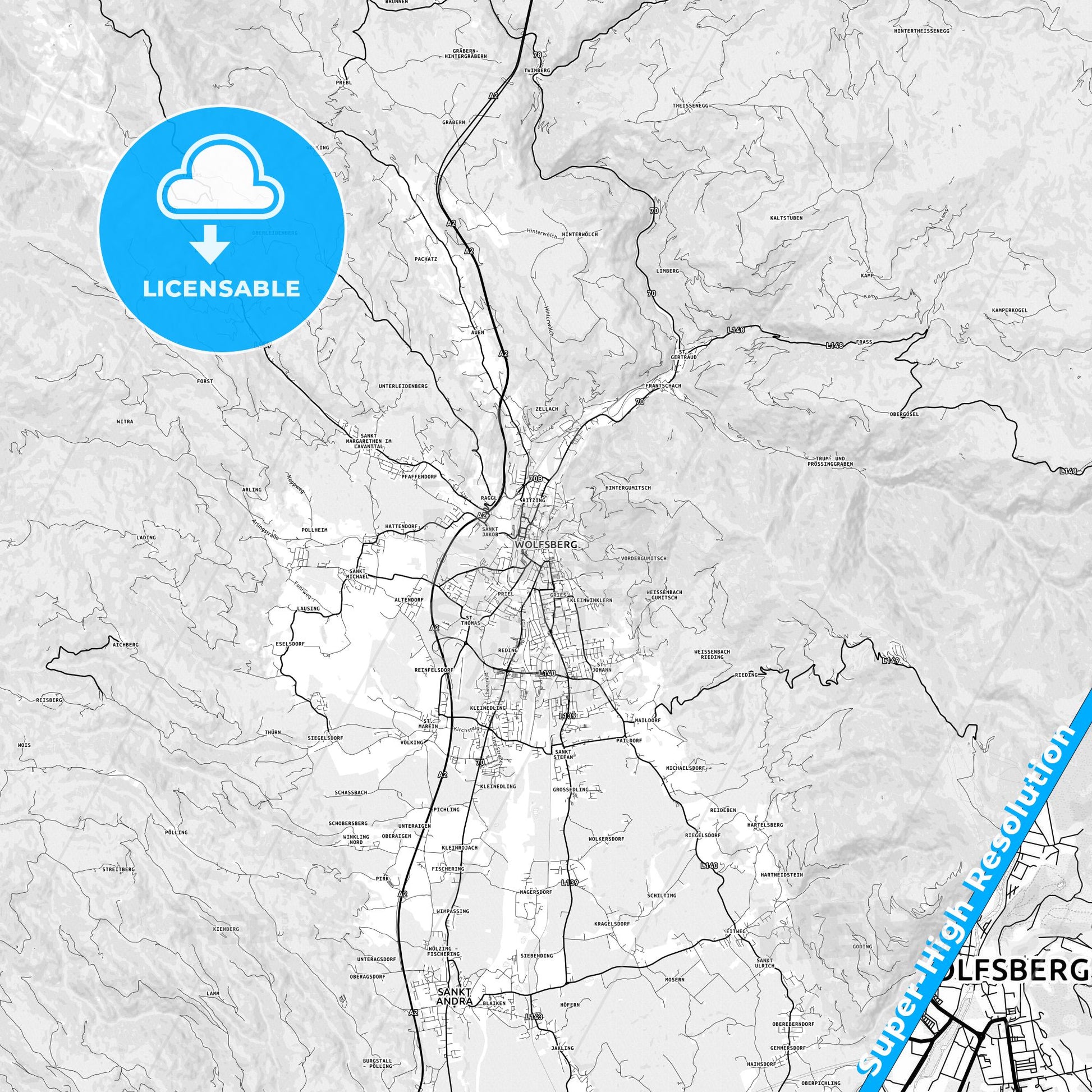 Wolfsberg, Austria light map with streetnames, citynames and districts