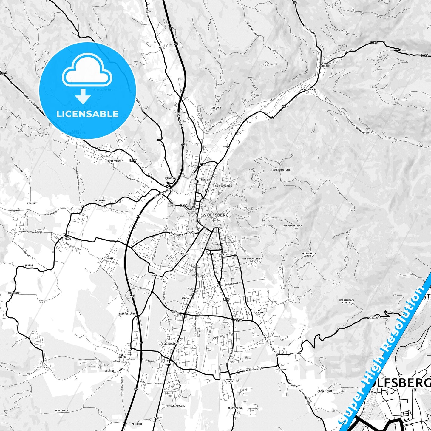 Wolfsberg, Austria Light Map with Street Names, City Names, and Districts