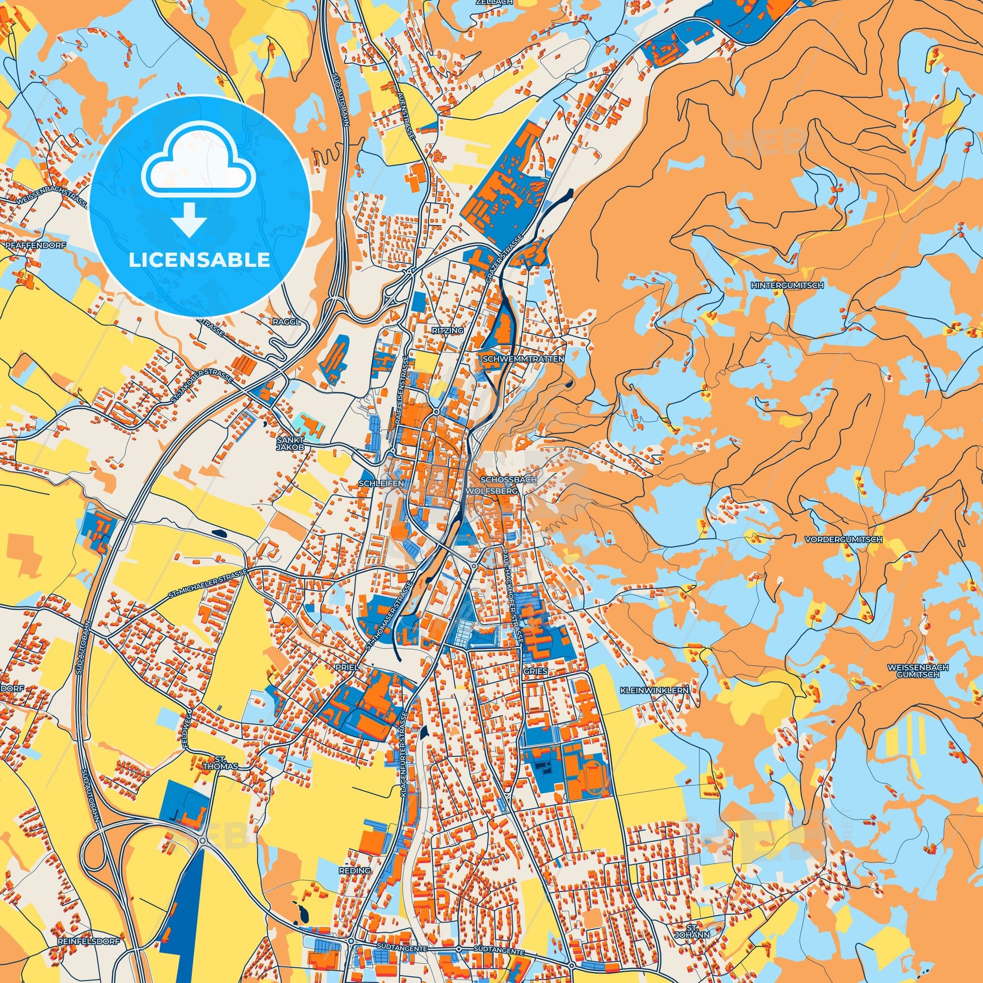 Colorful Wolfsberg Street Map with Labels and Buildings