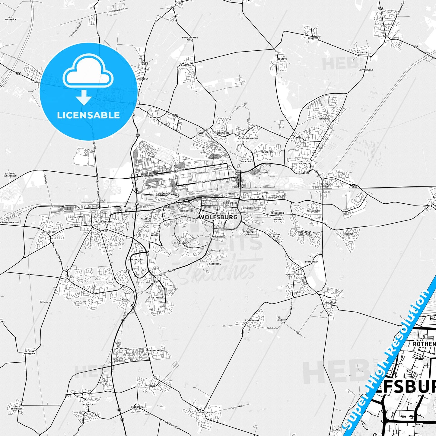 Wolfsburg, Germany light map with streetnames, citynames and districts