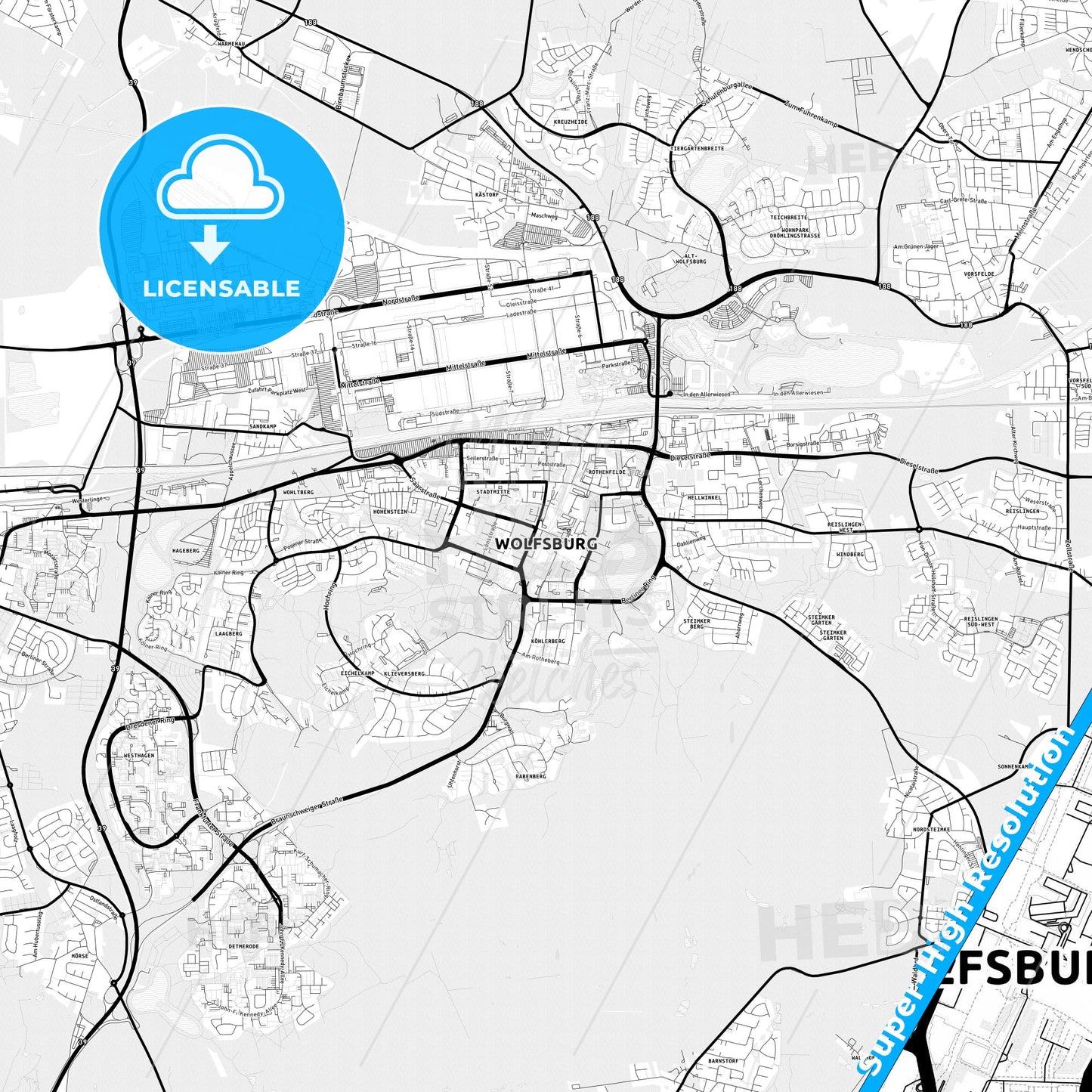 Wolfsburg, Germany Light Map with Street Names, City Names, and Districts