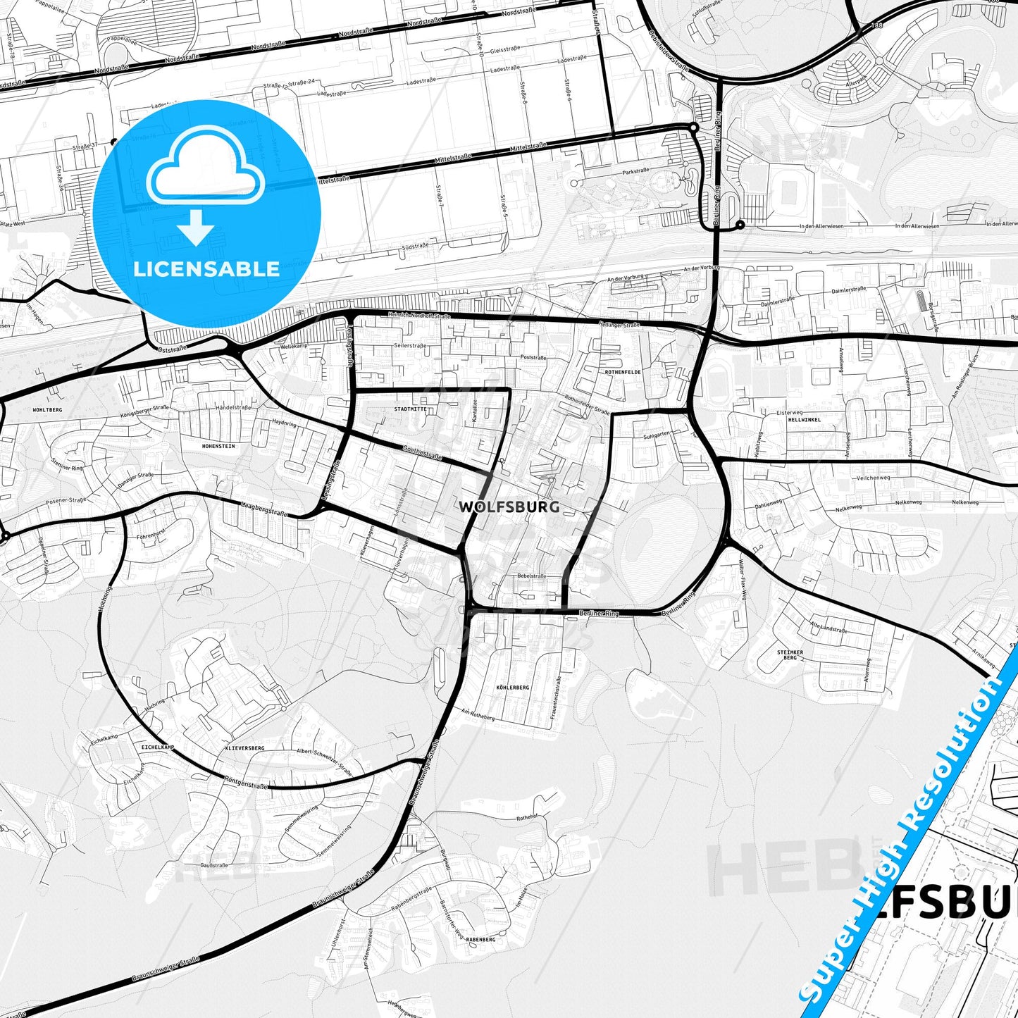 Wolfsburg, Germany Light Map with Street Names, City Names, and Districts