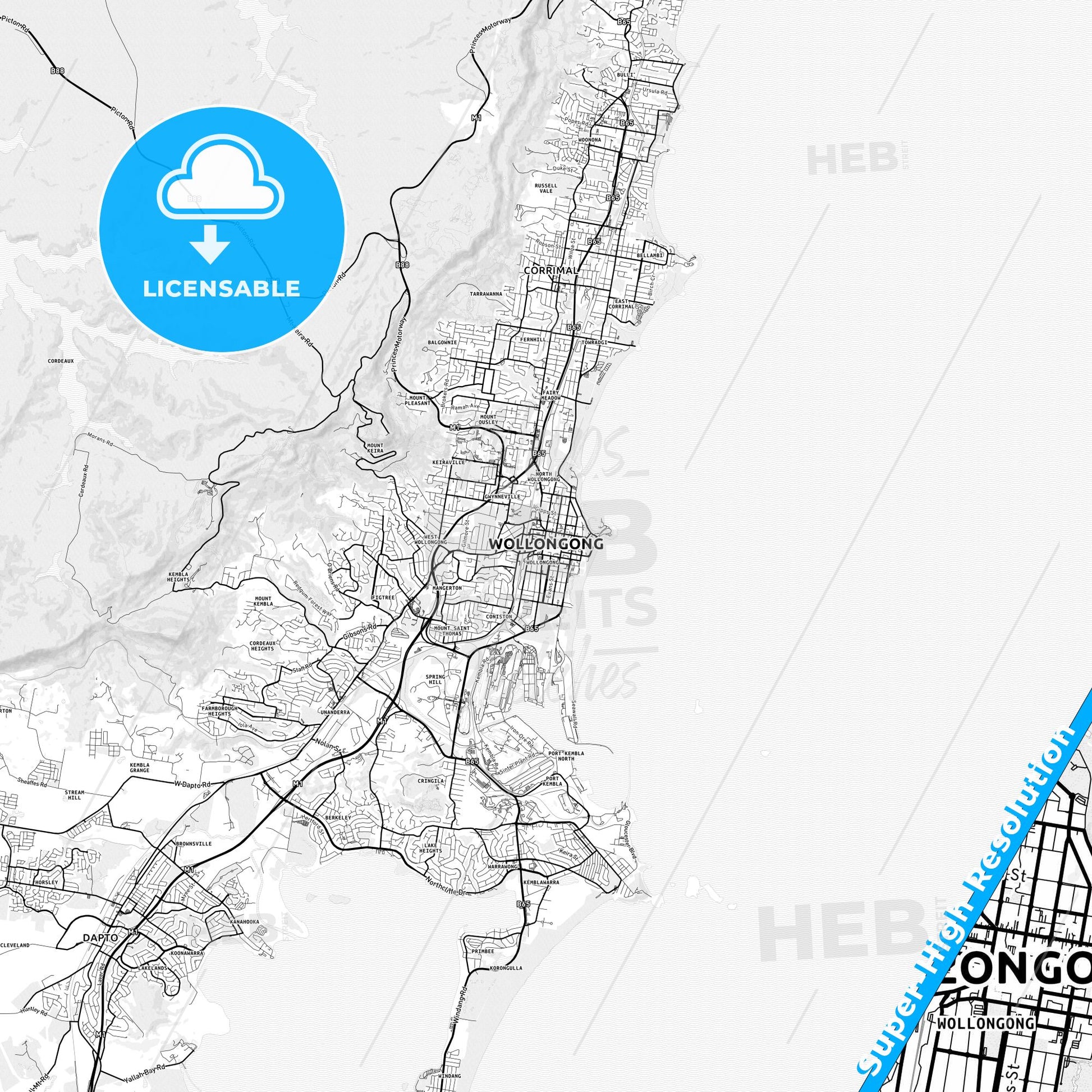 Wollongong, Australia light map with streetnames, citynames and districts