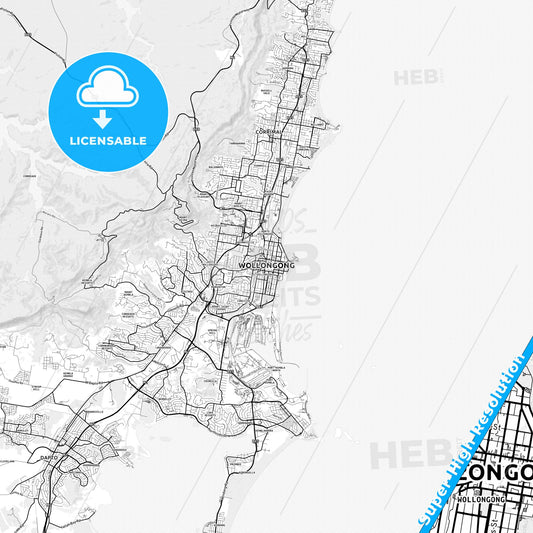Wollongong, Australia light map with streetnames, citynames and districts