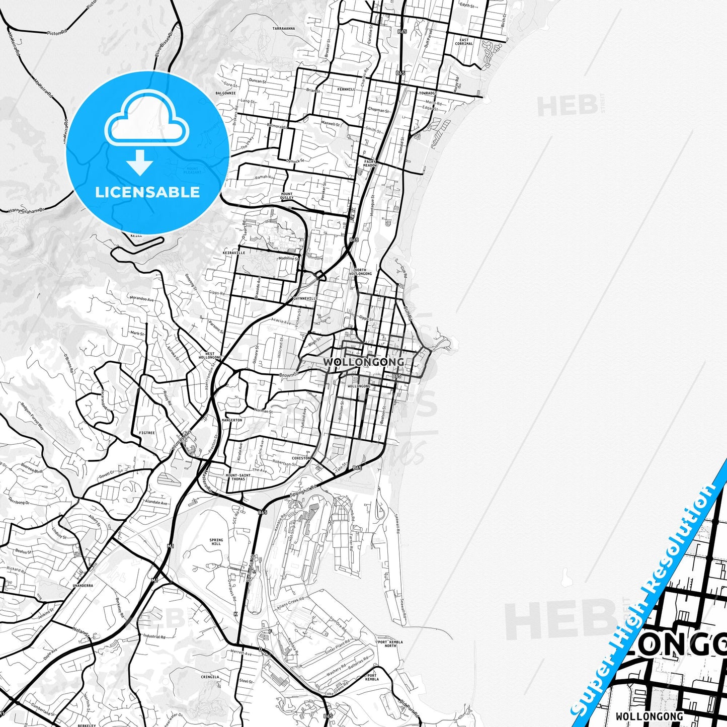 Wollongong, Australia Light Map with Street Names, City Names, and Districts