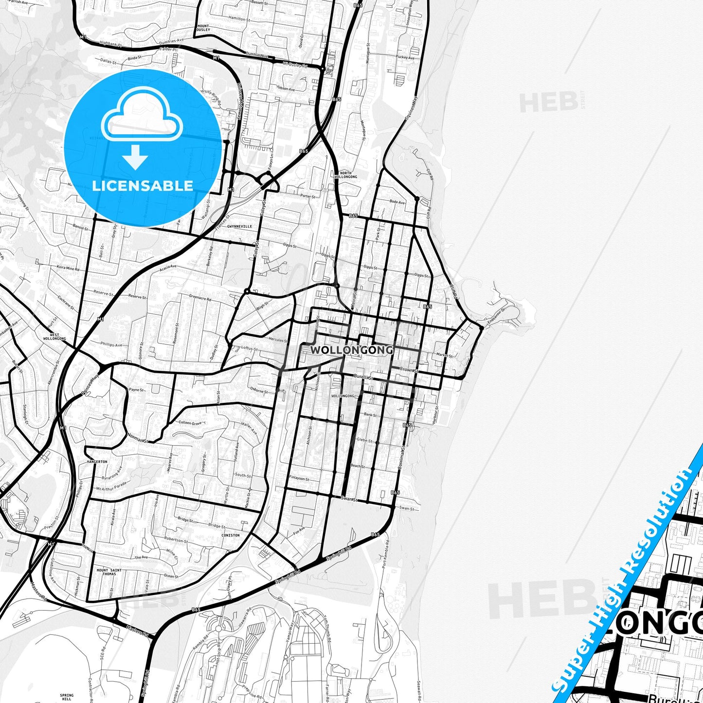 Wollongong, Australia Light Map with Street Names, City Names, and Districts