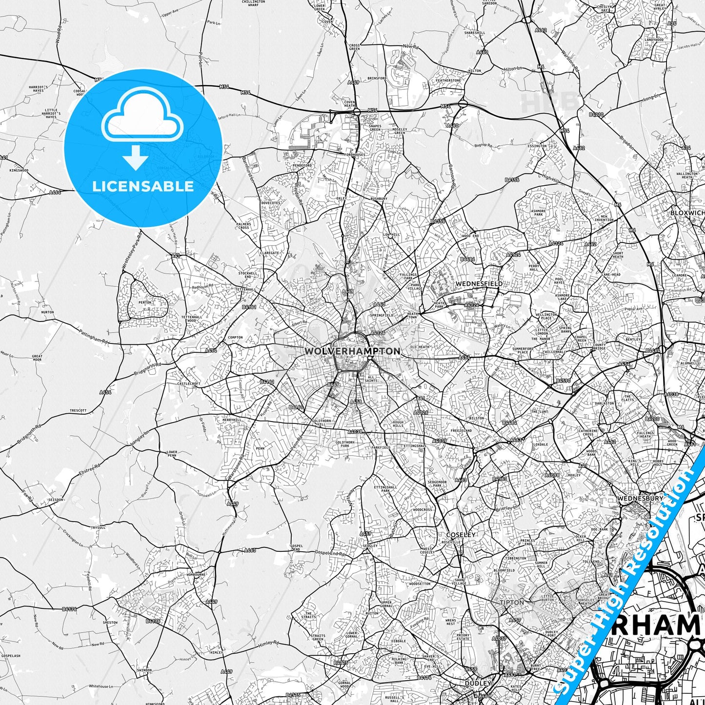 Wolverhampton, England light map with streetnames, citynames and districts