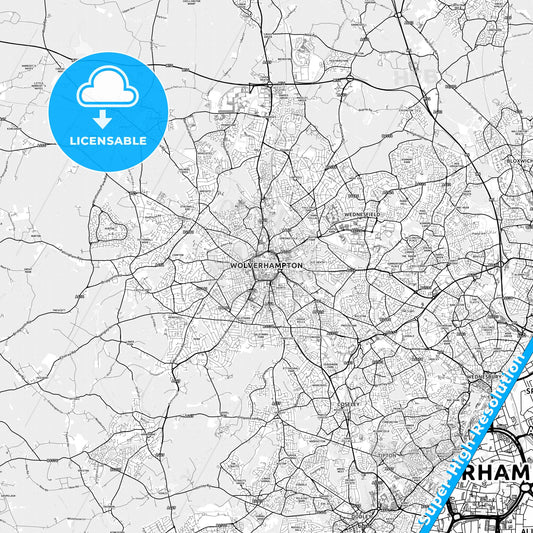 Wolverhampton, England light map with streetnames, citynames and districts