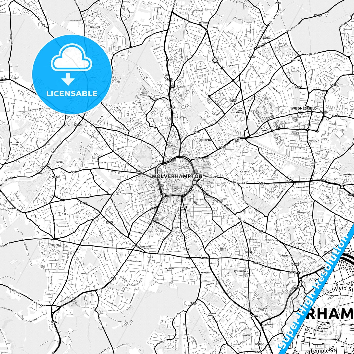 Wolverhampton, England Light Map with Street Names, City Names, and Districts