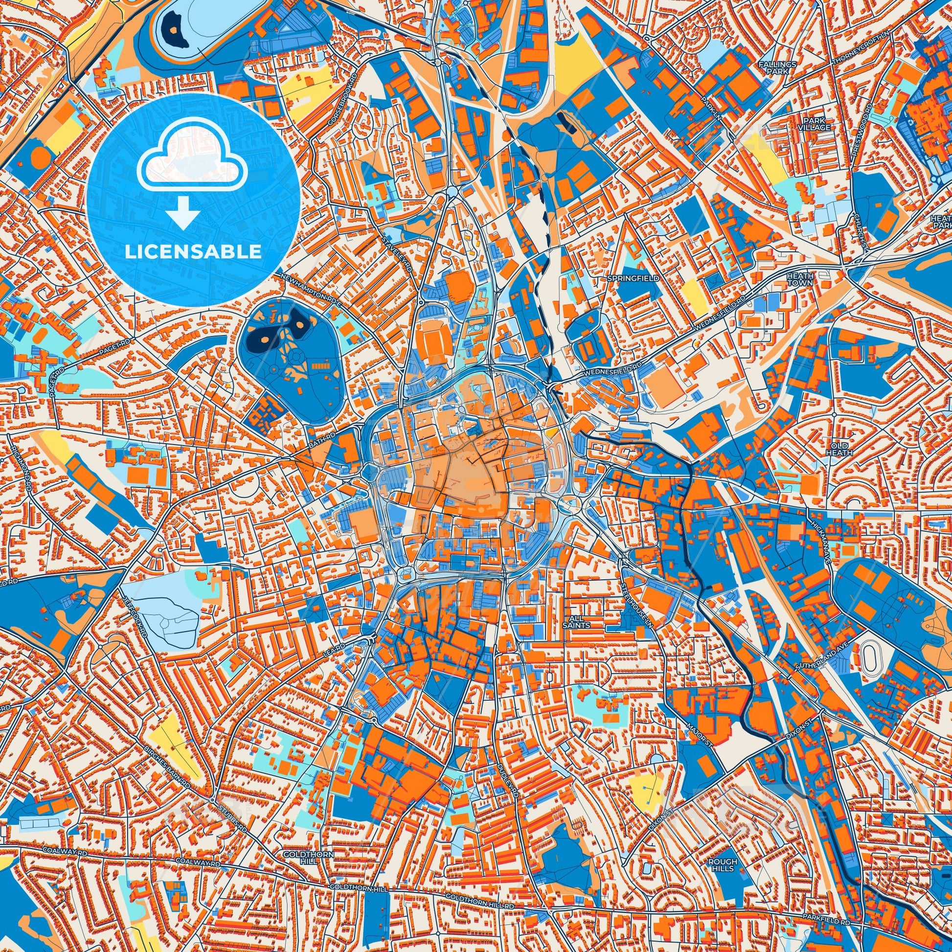 Colorful Wolverhampton Street Map with Labels and Buildings