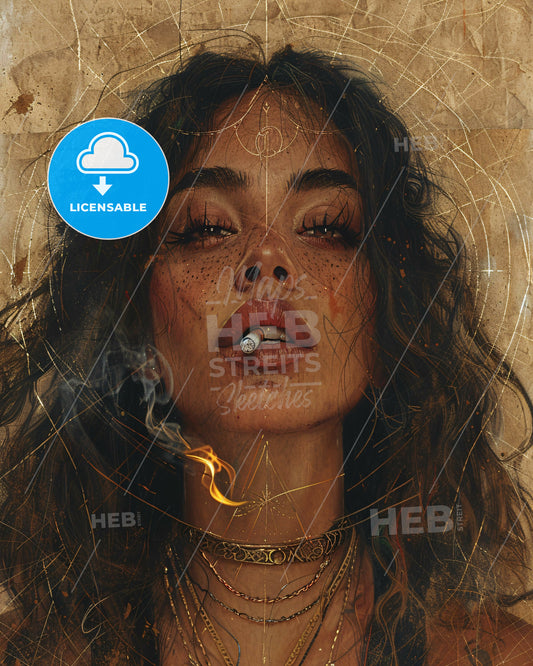 Golden Neo-Pop Woman Lit By Light - A woman smoking a cigarette