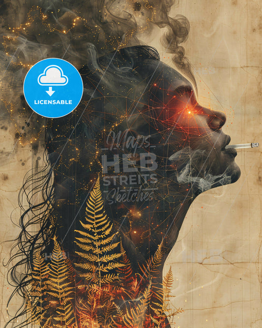 Golden Goddess in Neo-Pop Light - A woman smoking a cigarette