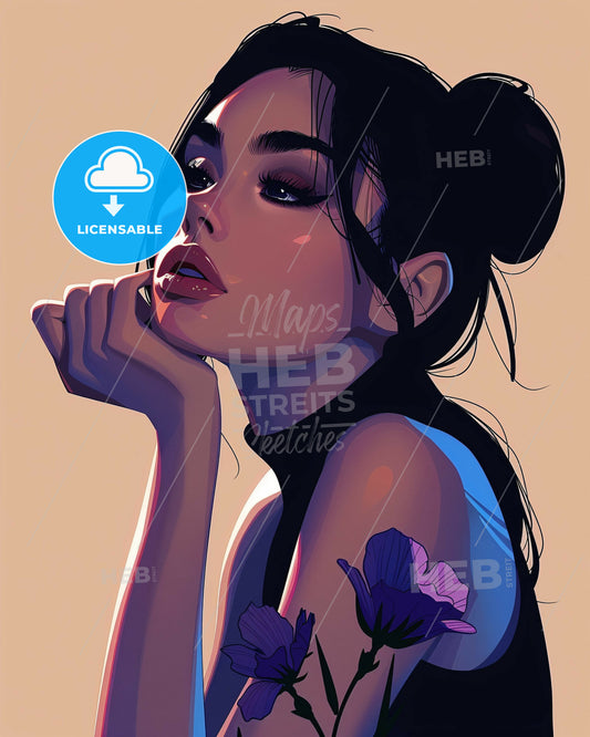 Minimalist Line Art: Woman in Reflection - A woman with her hand on her chin