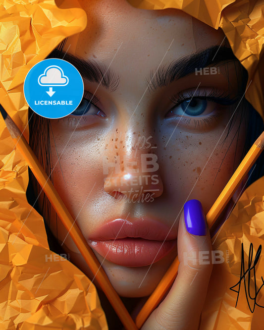 Serene Lines: Woman in Contemplation - A woman with freckles holding pencils in her face