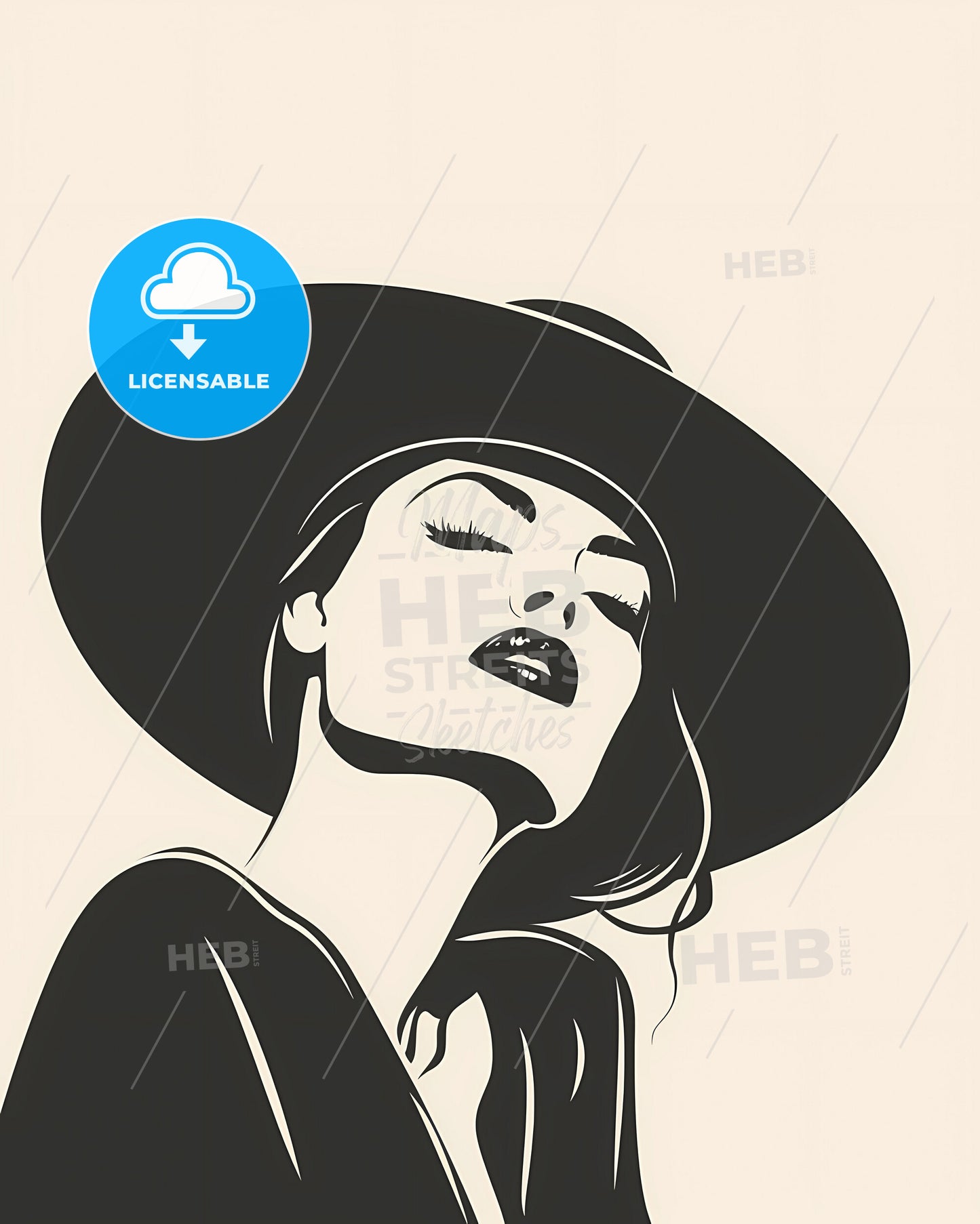Minimalist Retro Fashion Art Poster: Black and White Illustration of a Hatted Woman