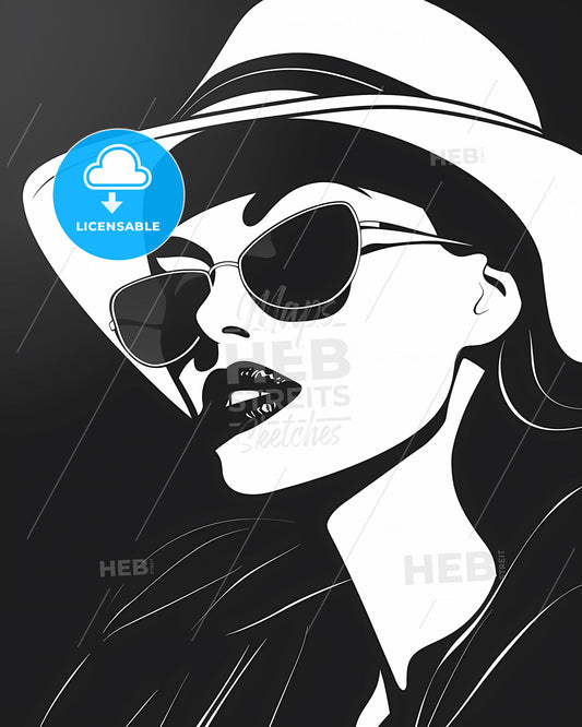 Retro aesthetic minimalist art print, black and white fashion poster, modern woman wearing sunglasses and hat
